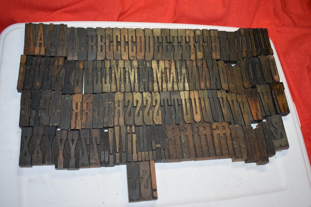 Vintage 2-1/2″ Wood Type Print Blocks Fancy Letters A-Z + Extras 119 Pcs.