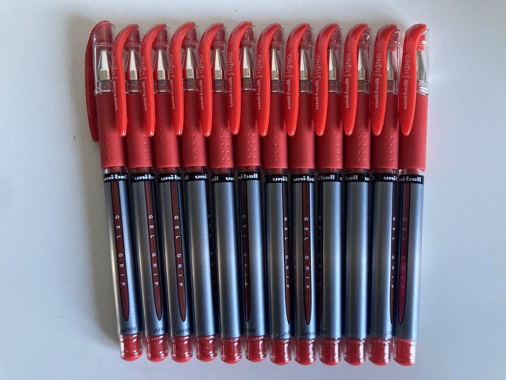 (12-CT) uni-ball Signo Gel GRIP Roller Ball Stick Gel Pen Red Ink Medium 65452
