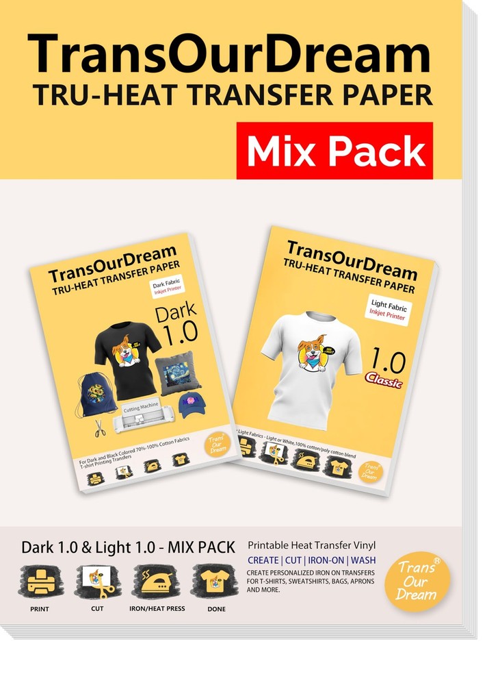 40-Sheet Mix Pack 8.5×11″ Heat Transfer Paper for Dark Light Fabric HTV