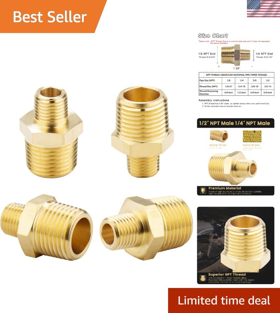 Heavy-Duty 1/2 NPT to 1/4 NPT Solid Brass Nipples – 4 Pack Connectors