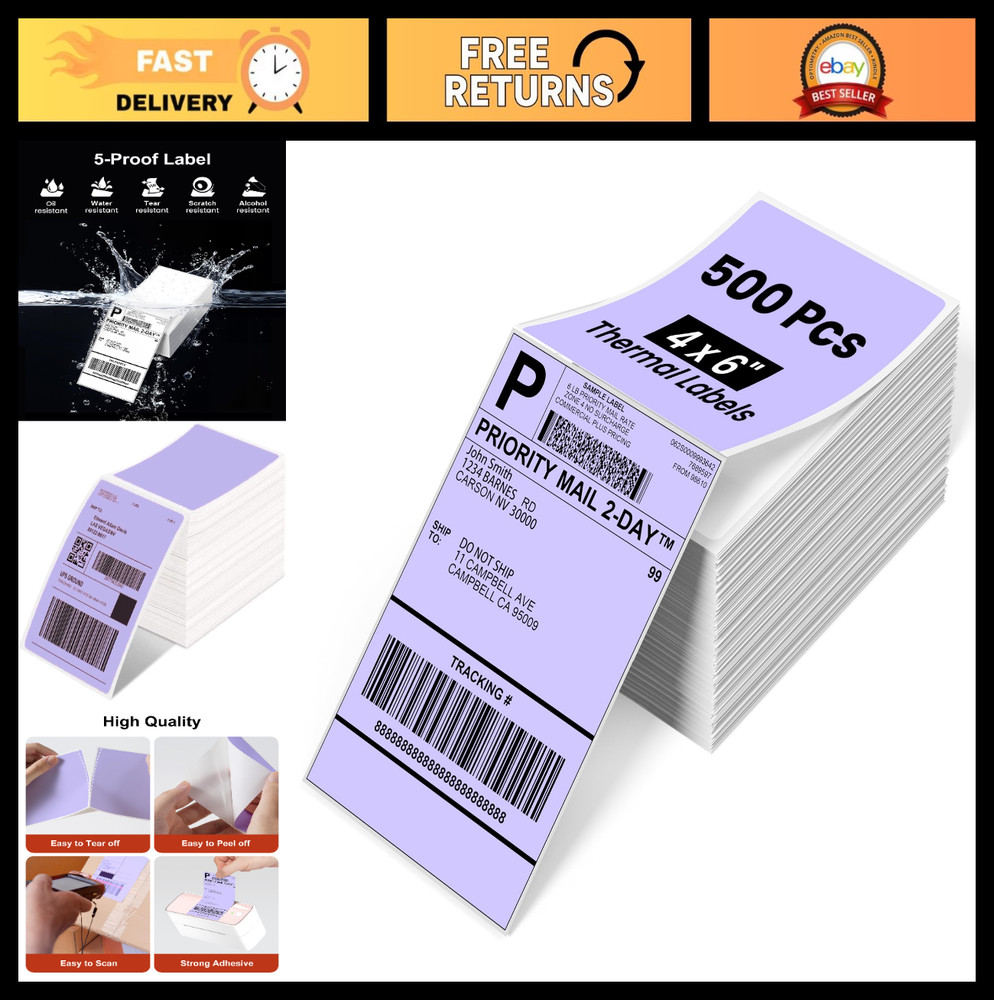 500PCS 4×6 Thermal Shipping Labels – Purple Fanfold Compatible with Rollo, MUNBY