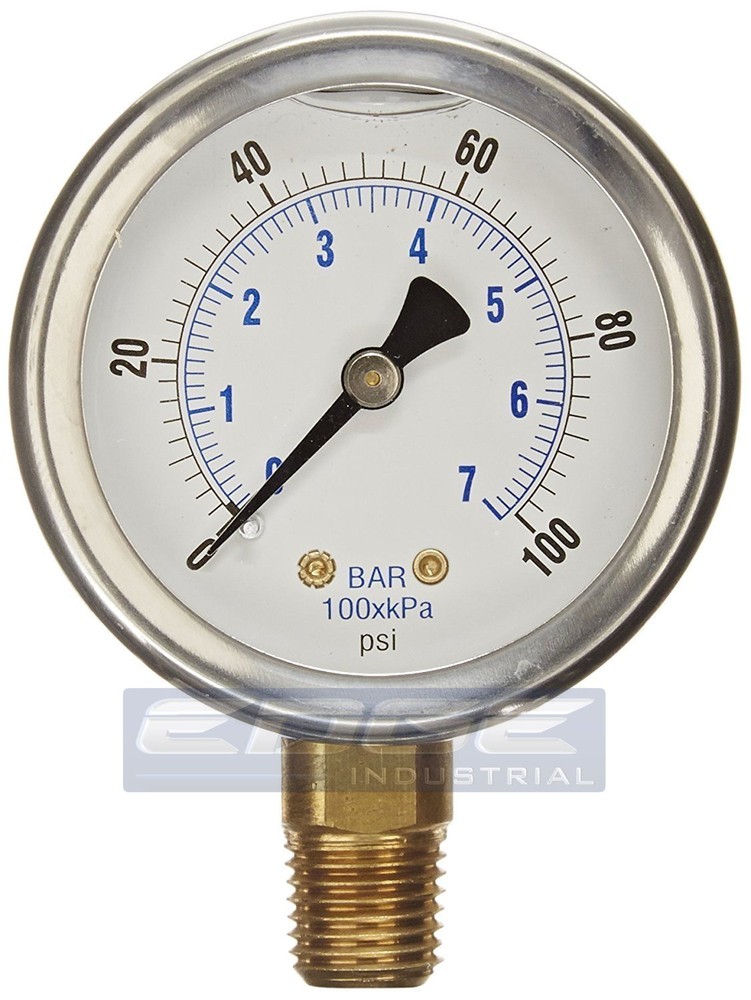 LIQUID FILLED PRESSURE GAUGE 0-100 PSI, 2.5″ FACE, 1/4″ NPT LOWER MOUNT WOG