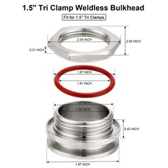 2 PCS 1.5 Inch Tri Clamp Weldless Bulkhead Stainless Steel Compression Fitting