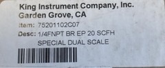 (NEW) KING INSTURMENT FLOWMETER 75201102C07 1/4 F NPT BR EP 20 SCFH