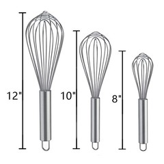 Whisks for Cooking, 3 Pack Stainless Steel Whisk Silver 8″+10″+12″,