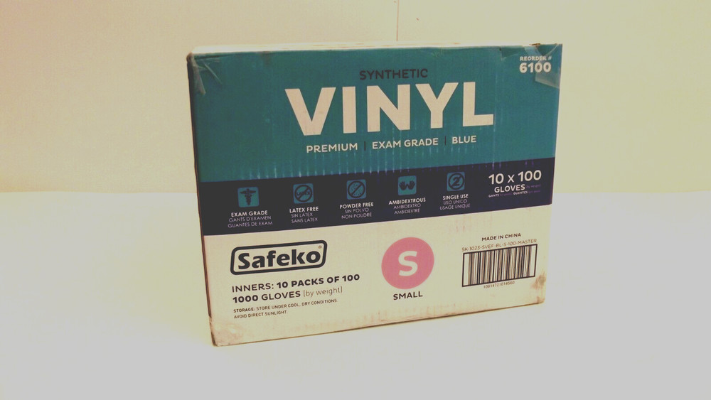 SAFEKO Vinyl Exam Grade Gloves Blue Latex Free 1 Case 10 Boxes 1000 Gloves SMALL