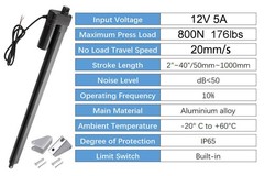 800N 12V Linear Actuator Motor Fast Speed 20mm/s Stroke 2″~40″ 176lbs Waterproof