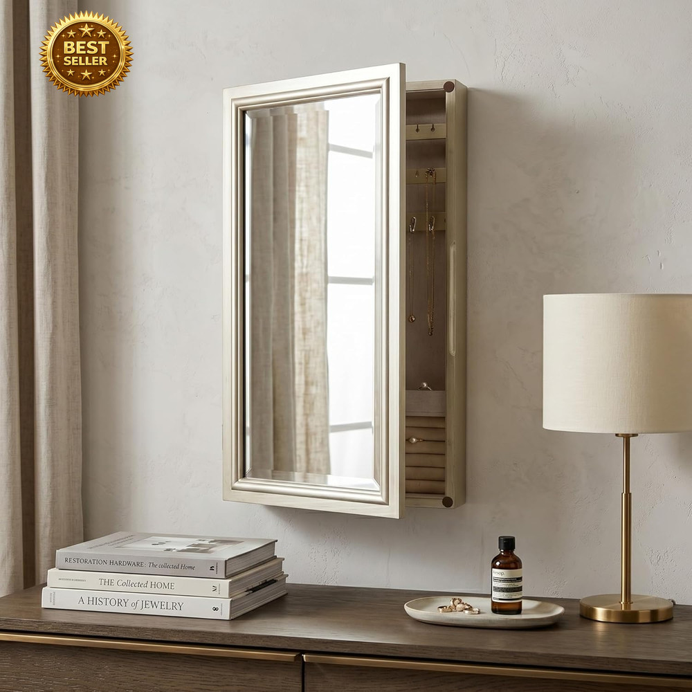 Hives & Honey Jamie Wall Mounted Jewelry Mirror Cabinet, Champagne – Hidden Jewe