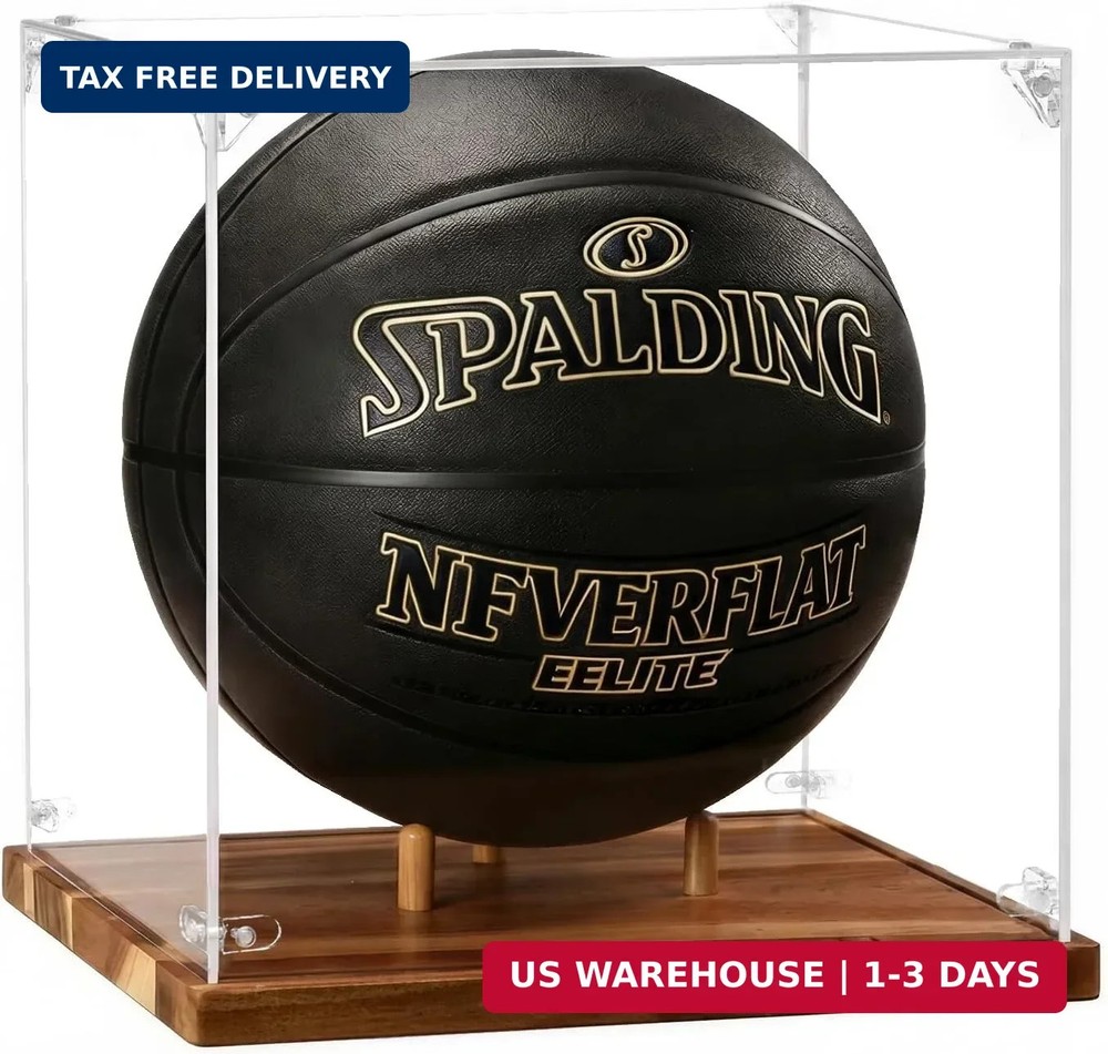 Basketball Display Case Acrylic Clear 10″ Full Size with Solid Wood Base, UV Pro
