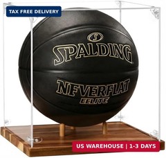 Basketball Display Case Acrylic Clear 10″ Full Size with Solid Wood Base, UV Pro