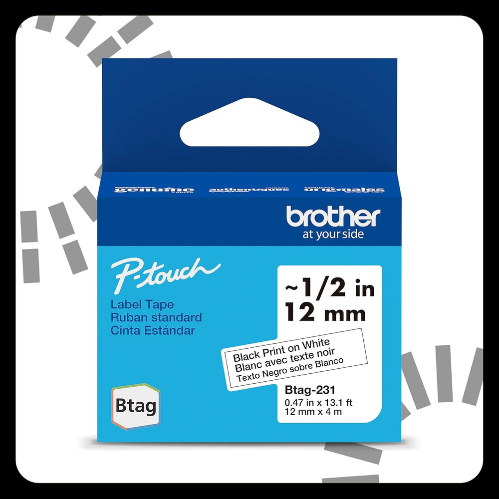 Genuine P-Touch Btag BTAG231 Black on White Label Tape ~1/2In by 13.1Ft (12Mm X