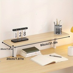 1pc White Wooden Floating Desk Shelf – Rectangular No-Drill Countertop Organizer