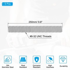5Pcs #8-32 Fully Threaded Rod 9.8″ Length 304 Stainless Steel Thread Screw