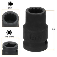 12-Point Impact Socket 1/2 Inch Drive 12mm Metric Cr-V Shallow Impact Socket