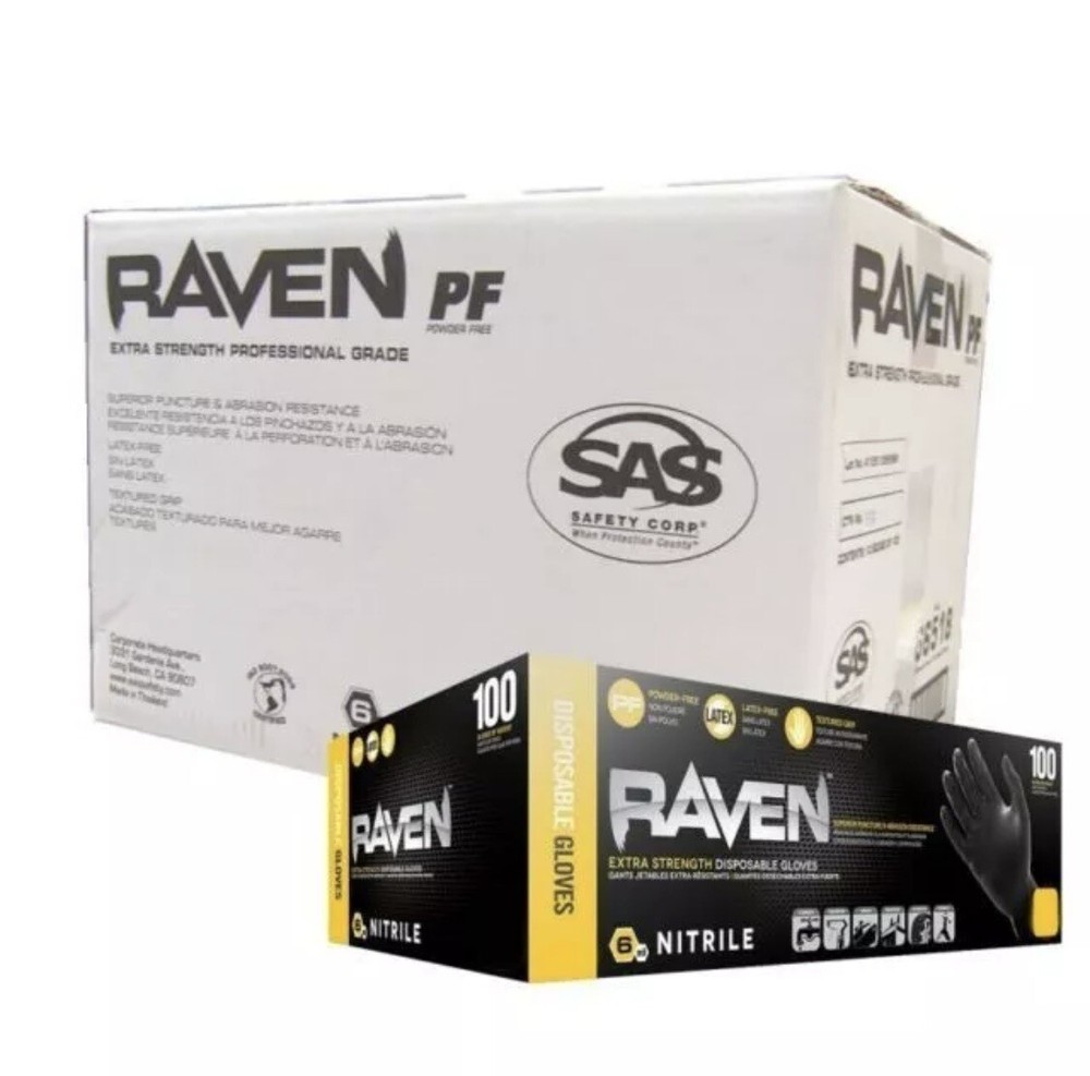 SAS 66518 Raven Powder-Free Black Nitrile Gloves LARGE ( 10 Boxes of 100 )