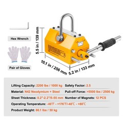 Magnetic Lifter, 2200lbs/ 1000kg Pulling Capacity, 2.5 Safety Factor, Neodymium