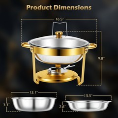 4 PCS 9Qt Round Chafing Dish Buffet Set 316 Stainless Steel Gold W/Glass Lids
