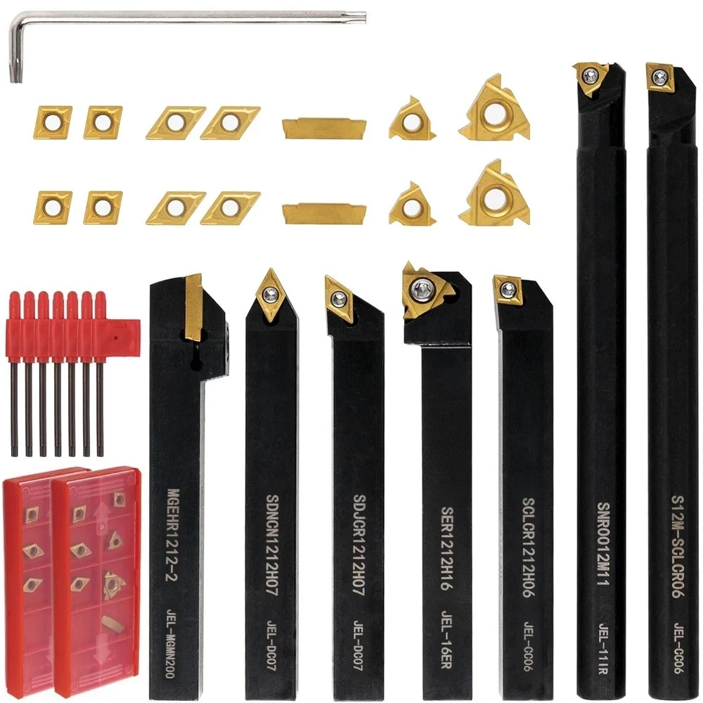 21 PCS Kit,Indexable Lathe Turning Tool,1/2″ 12Mm Shank,7Pcs Metal Lathe Cutting