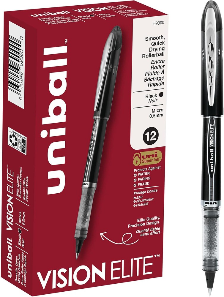 Uni-ball Vision Elite Rollerball Pens, Micro Point (0.5mm), Black, 12 Count