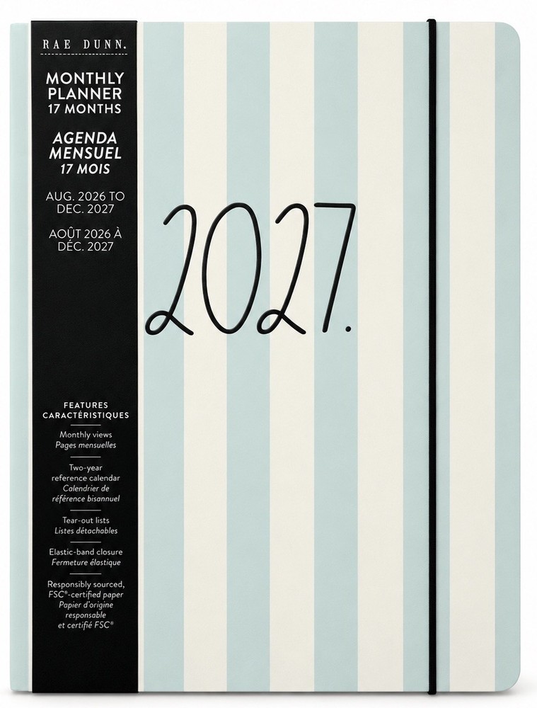 RAE DUNN 2026 2027 Monthly Calendar Planner STRIPED Blue 2027 Size 9.75 X 7.5″