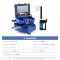 9″ Self-Leveling Sewer Camera w 512Hz Locator 295ft/90m Meter Counter 720P 32GB