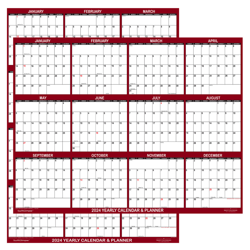 24×36 SwiftGlimpse 2024 Large Wall Calendar, Paper Folded, Yearly Planner-Maroon