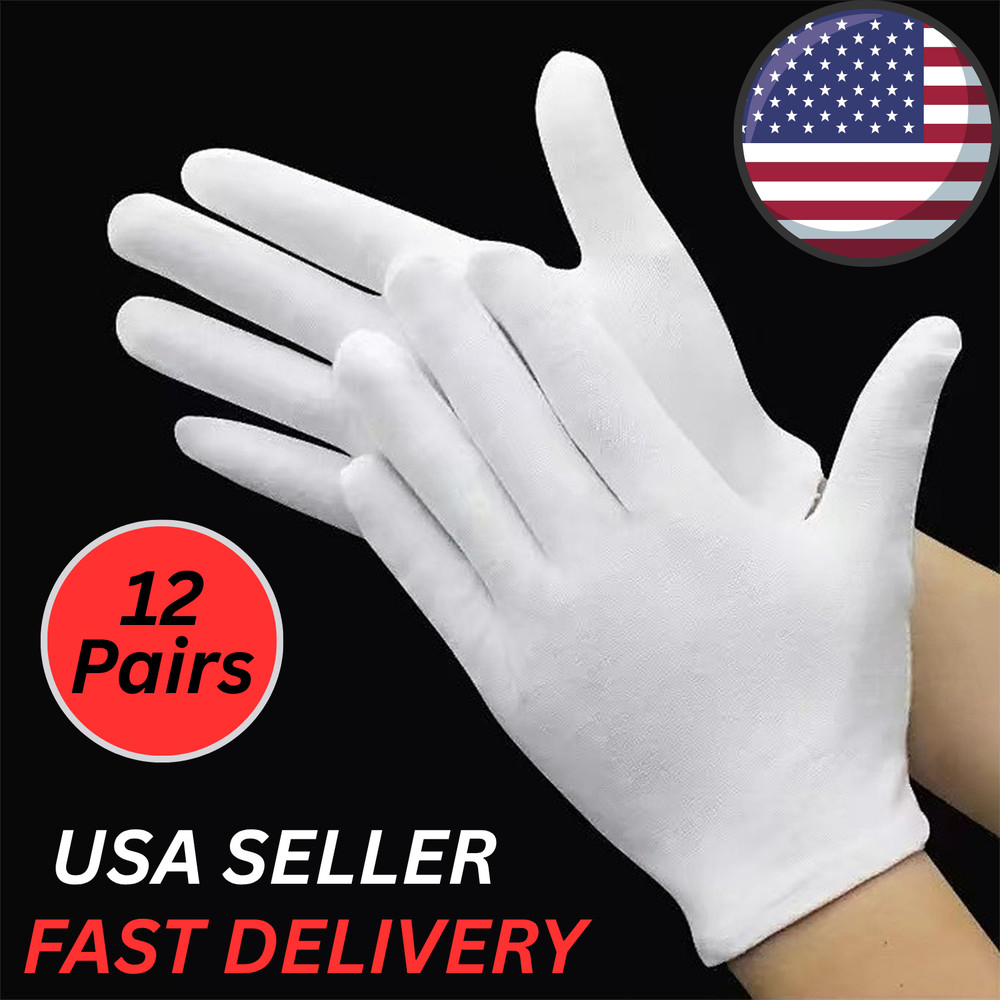 12 Pairs XL+ White Cotton Inspection Gloves – Soft Jewelry Coin Work Gloves