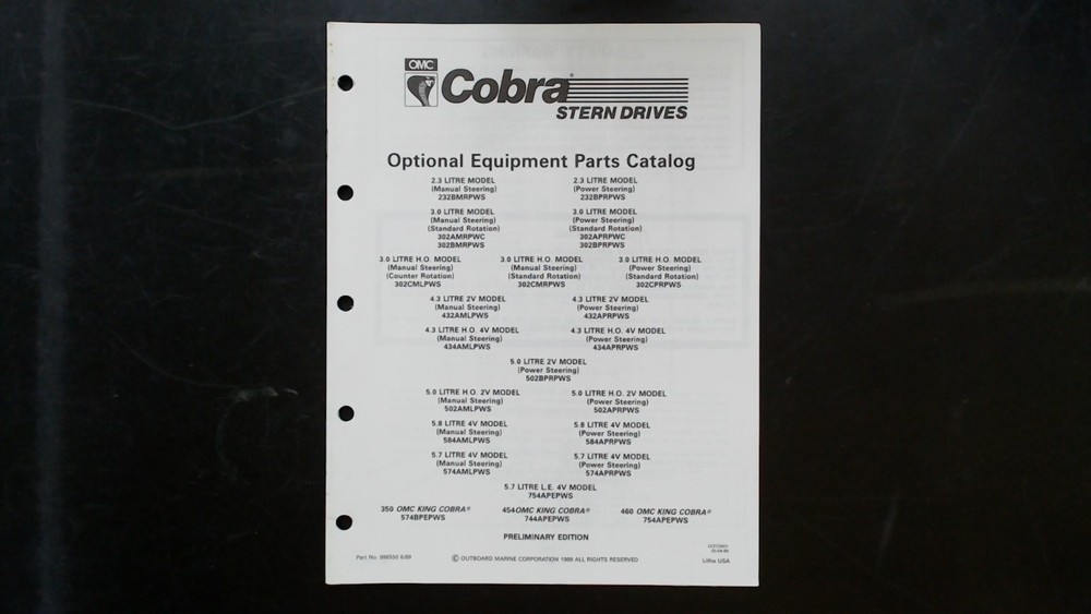 OMC Cobra Stern Drives Optional Equipment Parts Catalog 988550 1989