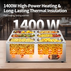 6-Pan 48Qt Commercial Food Warmer 1500W Steam Table Buffet Bain Marie Warmer