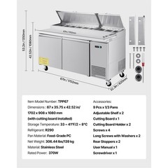 67″ Commercial Refrigerated Pizza Prep Table Station Fridge Double Door w/9 Pans