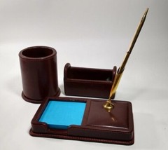 Desk Set 3 Piece ? FAUX LEATHER brown pen note pencil business card holders READ