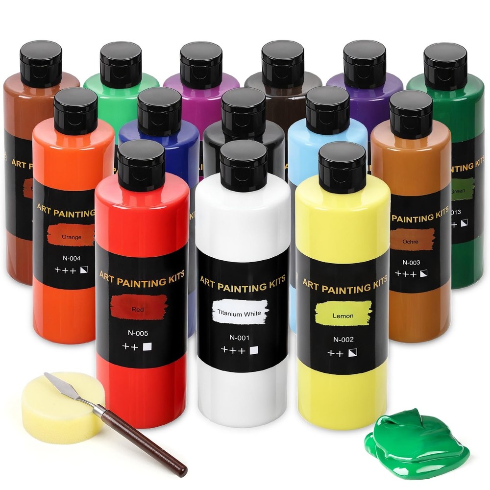 14 Colors Acrylic Paint Set (500 ml/16.9 oz Large Bottles), Non-Toxic for Kid…