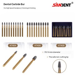 SANDENT 10pcs/pk Dental Trimming&Finishing Gold Carbide Burs 7404/7406/7408 ns