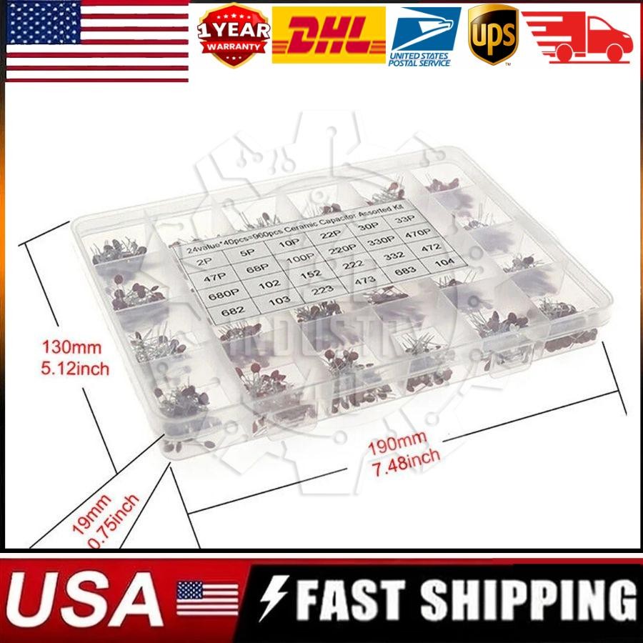 960Pcs/Lot X 2PF-0.1UF 50V 24Value*40Pcs Ceramic Capacitor Assortment Kit US