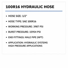 1/2″ 2 Wire 100R16 Hydraulic Hose Assembly with 1/2″ Male NPT Fittings 3987 PSI
