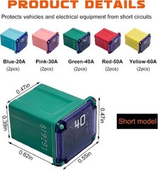 10 PCS Low Profile Square Car Fuses, 20A 30A 40A 50A 60A Micro Cart Color: Low
