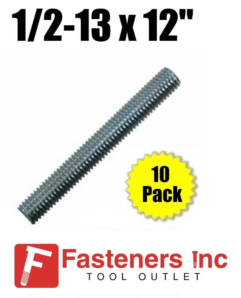 1/2-13 X 12″ (1ft) Long Zinc Plated LowCarbon Steel Fully Threaded Rod (10 Pack)