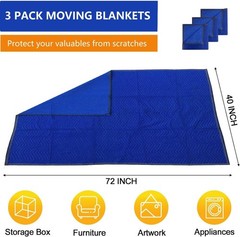 3 Pack Moving Blankets 40x72in Heavy Duty Padded Packing Blankets for Moving Shi