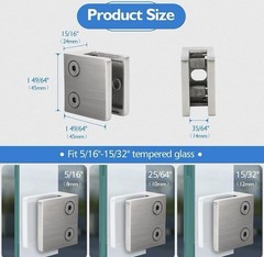 8PCS Glass Railing Clamps Brushed Stainless Steel for 8-12mm Glass w/Gaskets