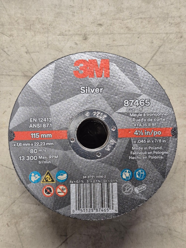 3M™ Silver Cut-Off Wheel, 87465, 36, T1, 4-1/2 in x 0.045 in x 7/8 in 25 pieces