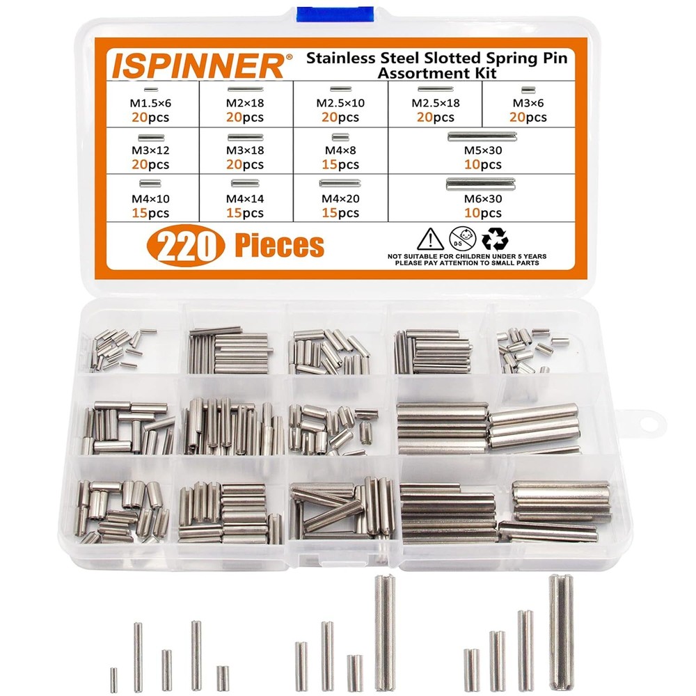 220pcs Roll Pin Set, Stainless Steel Slotted Spring Pin Assortment Kit M1.5