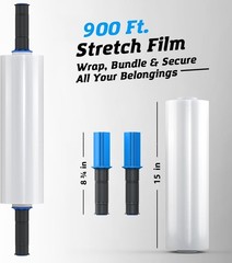 900 FT Clear Plastic Stretch Wrap – Heavy Duty 15″ Rolls with Convenient Holder