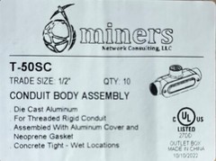 1/2″ Electrical Conduit Body Type T w cover & gasket Alum Threaded UL 10 pc