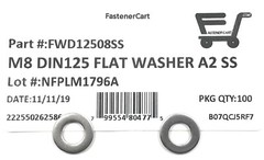 (100) M8 DIN125A Stainless Steel Flat Washer 8mm DIN 125 A2 (QTY:100 Pieces)