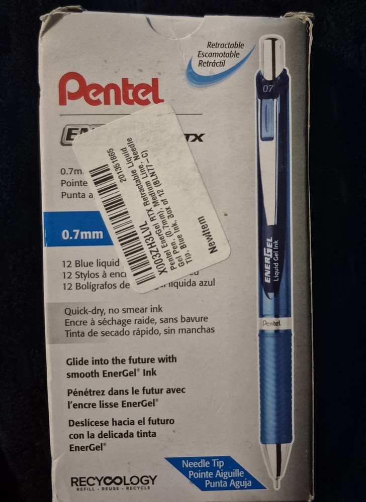 Pentel EnerGel Deluxe Retractable Liquid Gel Pen, Needle Tip 0.7 mm 12 Pack Blue