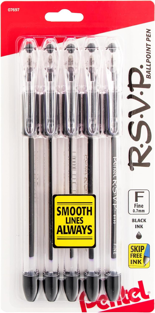 RSVP Ballpoint Pen, (0.7mm), Fine Line, Black Ink, Pack of 5 (BK90PF5A)