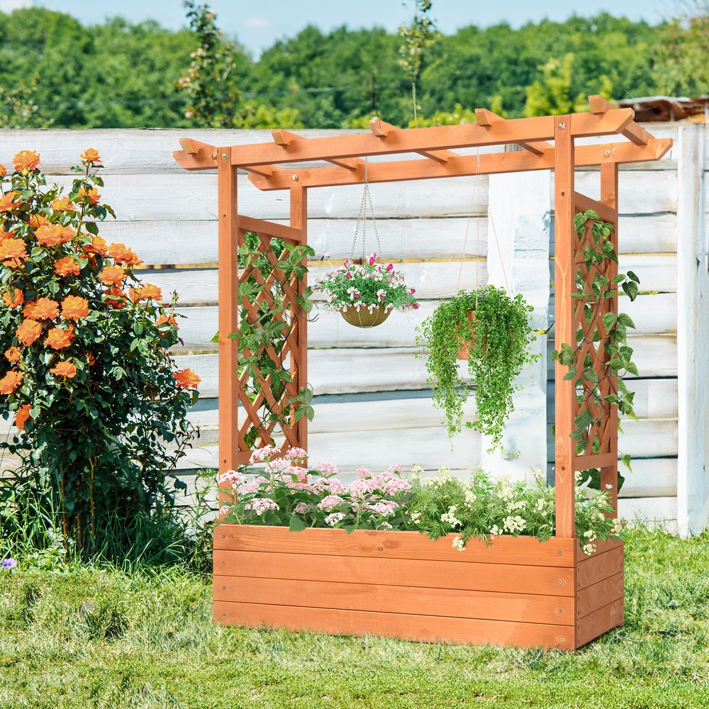 LEADZM Fir With Arched Lattice Raised Garden Bed Wooden Planting Frame Teak