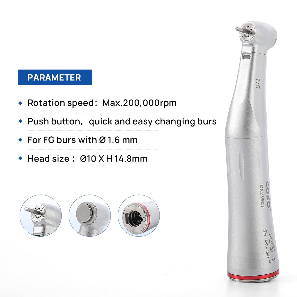 COXO CX235C7 Dental Fiber Optic LED Standard Head 1:5 Contra Angle Handpiece