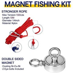 Fishing Magnet Kit Up to 1800 Lbs Pull Force Strong Neodymium + Rope + Carabiner