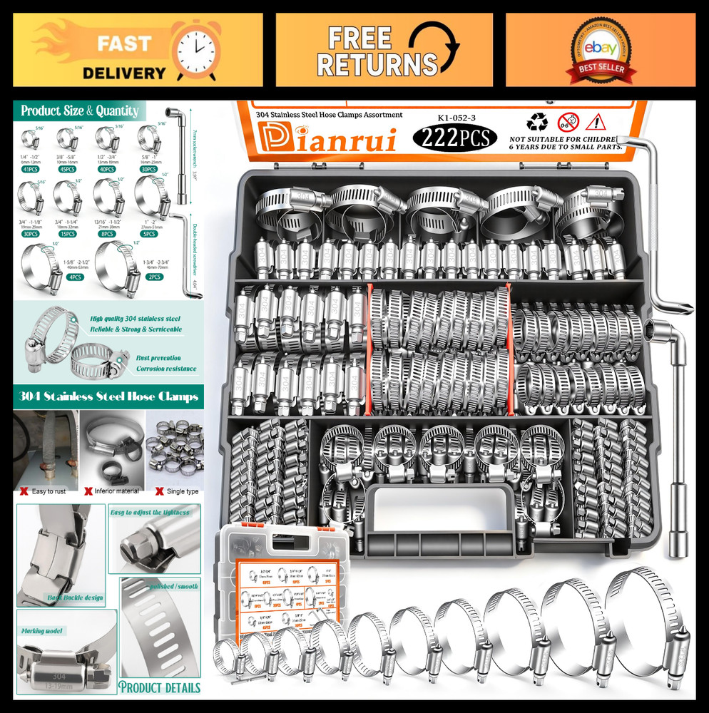 222 PCS Stainless Steel Hose Clamp Kit 1/4″-2-3/4″ Heavy Duty for Plumbing, Auto